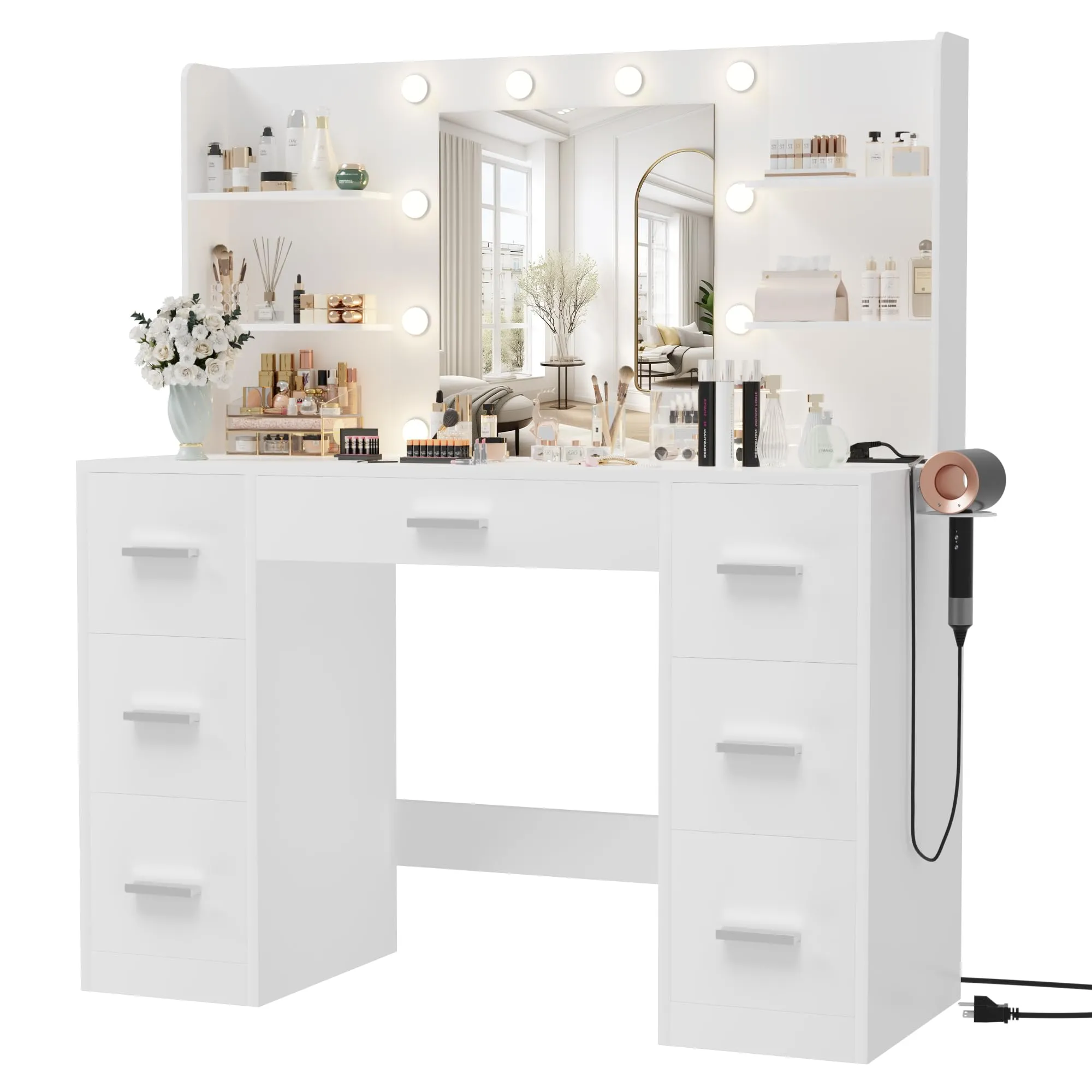 Furmax Vanity Desk with Mirror, LED Lights and Power Outlet