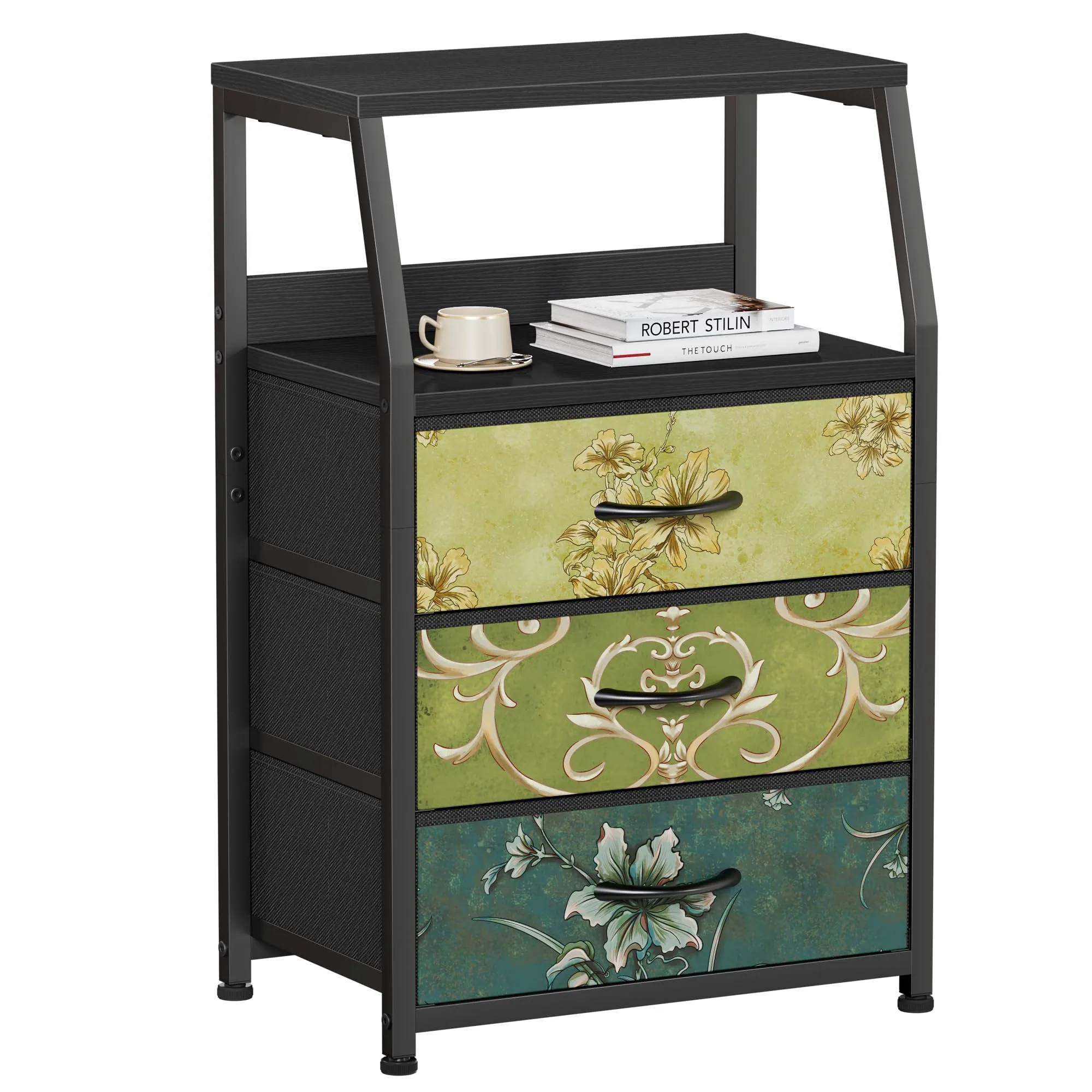 Furnulem Retro Night Stand with 3 Drawers and 2-Tier Shelf