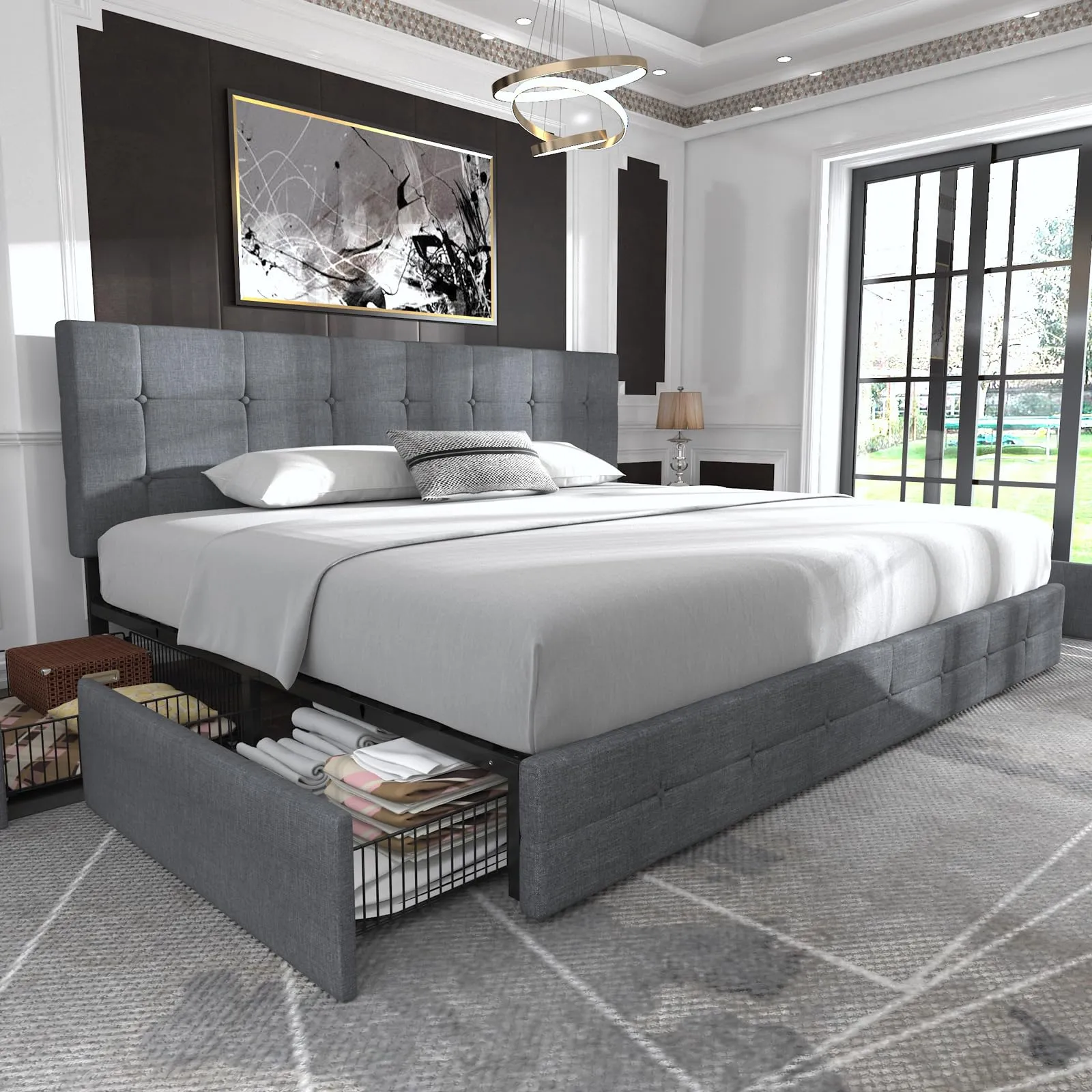 Allewie Upholstered King Size Platform Bed Frame with 4 Storage Drawers