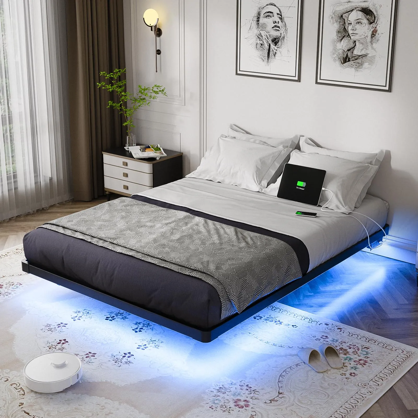 OLEVS Floating Bed Frame Full Size with Smart LED Lights and Charging Station